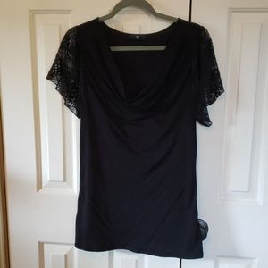Gap Black Draped Neck Top w/ Lace Sleeves